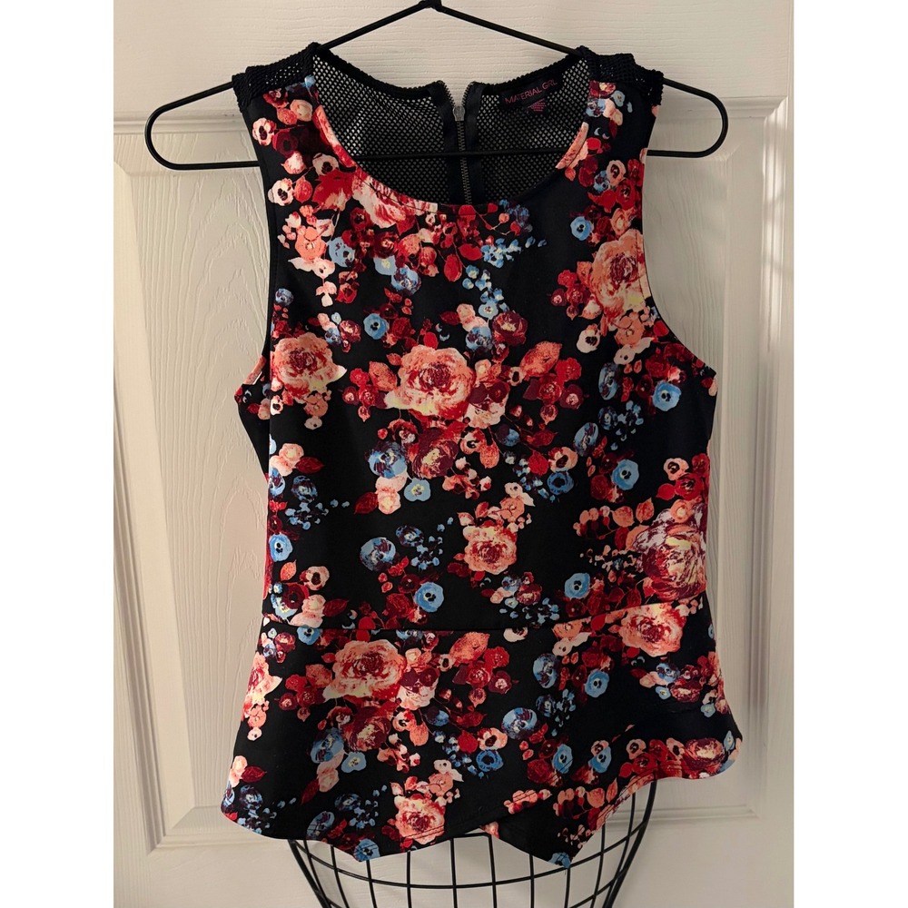 Material Girl Floral Peplum Top Black Red Blue Mesh Back Sleeveless XL EUC
